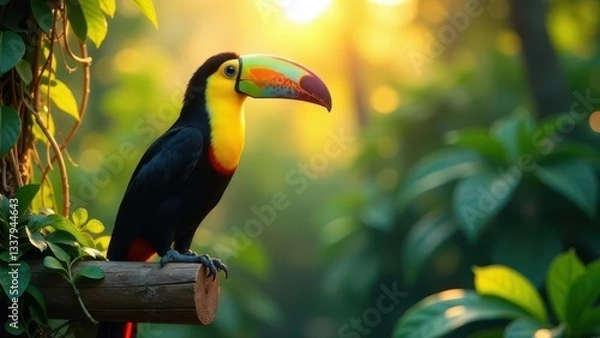 Fototapeta A Vibrant Toucan Perched on a Branch at Golden Hour, Surrounded by Lush Tropical Foliage