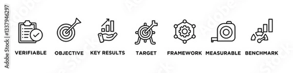 Fototapeta VOKTFMB banner web icon vector illustration concept with icon of verifiable, objective, key results, target, framework, measurable, benchmark, 