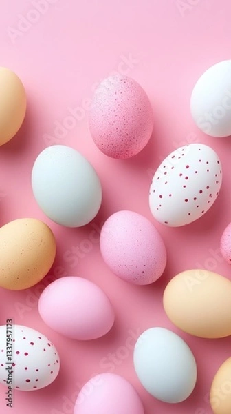 Fototapeta Colorful eggs arranged on a soft pink surface, celebrating the joy of Easter.