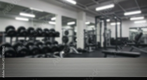 Fototapeta Modern Gym Interior with Dumbbells and Weight Machines, Empty Wood Surface. Blurred Bakcground.