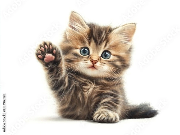 Fototapeta A fluffy vector kitten sitting with a tiny paw raised, its soft shading and expressive eyes making it irresistibly cute, perfectly isolated on a clean white backdrop.