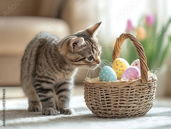 Fototapeta A cat curiously sniffing a basket of Easter decorations.