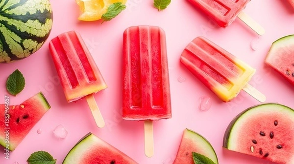 Fototapeta Refreshing Watermelon Popsicles on Pink Background