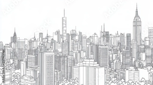 Fototapeta Monochromatic Line Drawing of a Modern City Skyline