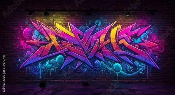 Fototapeta Colorful Graffiti Art on Brick Wall with Neon Lighting Effects