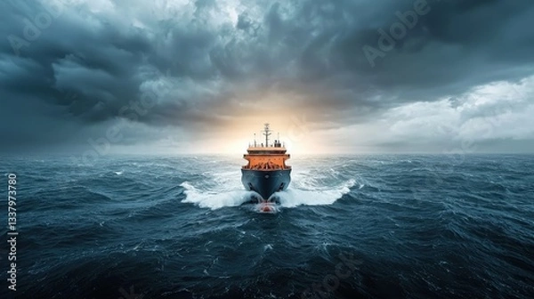Fototapeta Powerful Ship Navigating Through Dramatic Stormy Ocean Waters