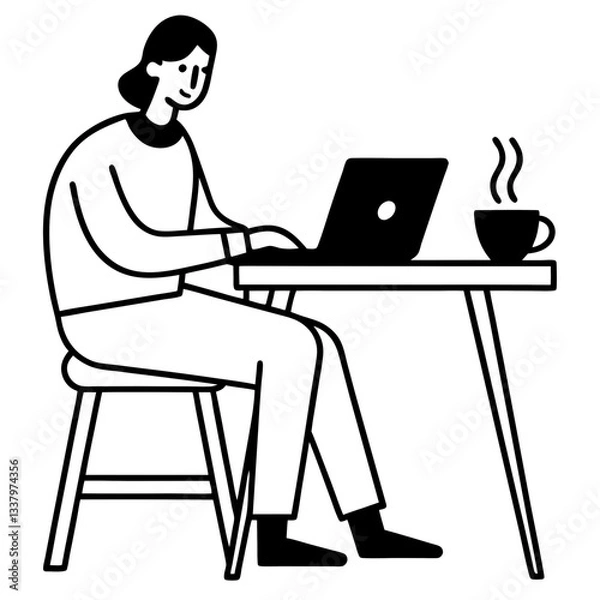 Fototapeta Silhouette of a person sitting and working on a laptop, with a coffee cup placed beside them on the table