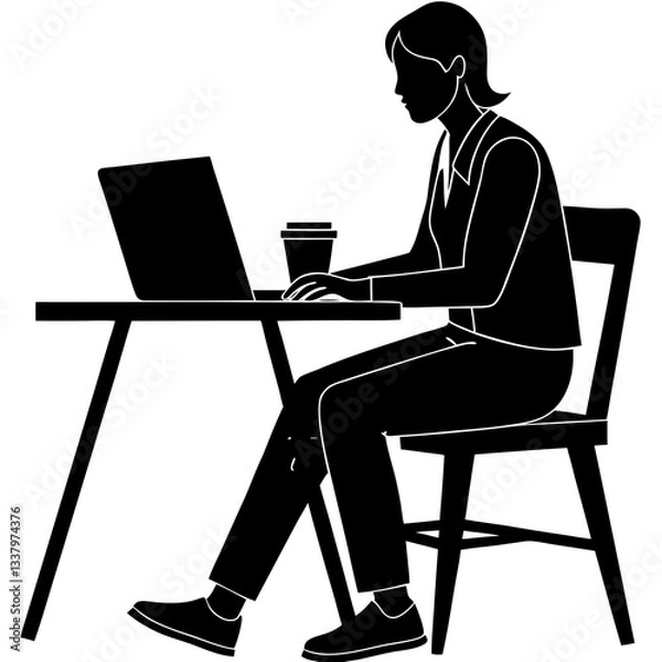 Fototapeta Silhouette of a person sitting and working on a laptop, with a coffee cup placed beside them on the table