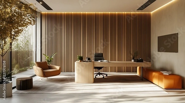 Fototapeta A modern office space with a vertical wooden slat accent wall in light birch, providing a clean and calming backdrop, paired with minimalist furniture and natural sunlight filtering through.