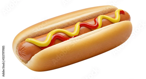 Fototapeta Enjoying Delicious Hotdog Topped with Mustard and Ketchup Isolated on White