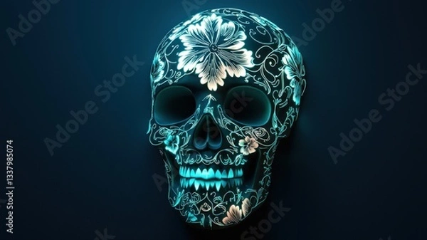 Fototapeta Glossy 3D skull mask with glowing neon floral engravings, combining traditional motifs with futuristic aesthetics. Ideal for Día de los Muertos, cyberpunk art, or party visuals.
