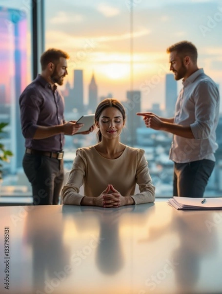 Fototapeta Woman in beige dress sits calmly at office table, meditating, while two men argue in background near window with cityscape at sunset. Concept of workplace stress. Ai generative