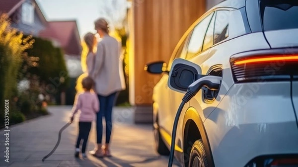 Fototapeta Electric car charging at home with mother and child in background, symbolizing clean energy and sustainable living