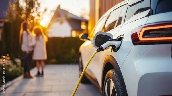 Fototapeta Electric car charging at home with mother and child in background, symbolizing clean energy and sustainable living