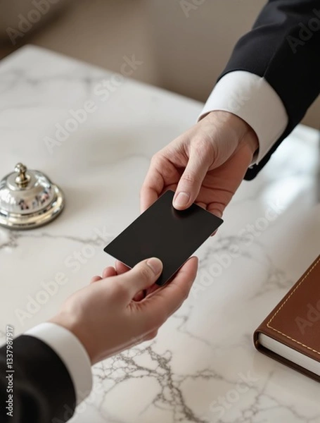Fototapeta Close-up of hands exchanging a key card on a marble desk with a bell and notebook, in a hotel check-in setting. Hospitality and service concept. Ai generative