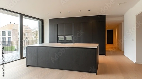 Fototapeta A minimalist kitchen with a matte black and white color scheme for contrast.