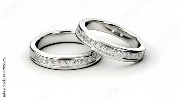 Fototapeta Two elegant wedding bands, sparkling with channel-set diamonds, symbolize a lifetime of love and commitment, displayed on a pristine white background with soft, gentle lighting.