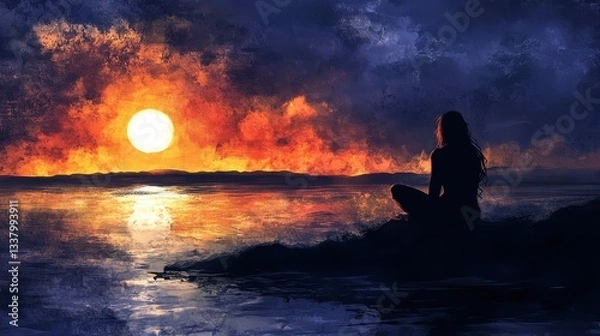 Obraz Serene Sunset Woman Contemplating at Water's Edge