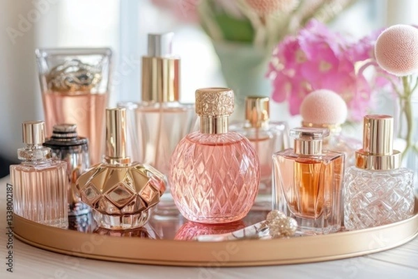 Fototapeta Elegant display of luxury perfume bottles with floral accents.