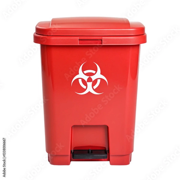 Fototapeta Red biohazard waste bin for safe disposal of hazardous materials.