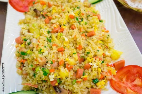 Fototapeta Fried rice with egg,carrot and green bean