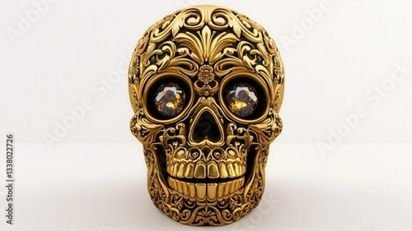 Fototapeta A hyper-realistic golden sugar skull adorned with intricate carvings and dazzling gemstone eyes. Rich textures and ornate detail create a luxurious Día de los Muertos centerpiece.
