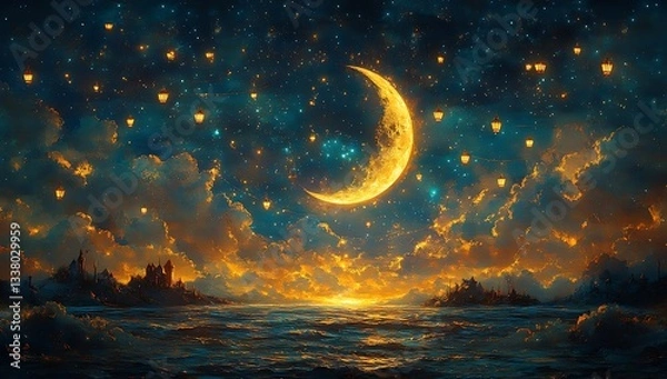 Fototapeta Crescent Moon and Lanterns Reflecting on Twilight Ocean