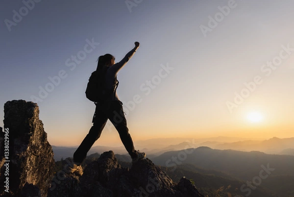 Obraz Silhouette of  A person standing on top of the mountain with their arms raised in victory, overlooking misty mountains and clouds at sunrise.  Success and goal achievement. People success