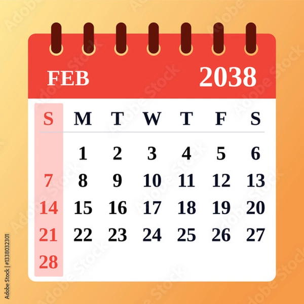 Fototapeta February 2038 Calendar Design. Perfect for planning. Monthly layout with elegant style. Vector illustration