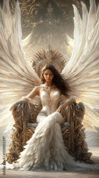Obraz A divine goddess with intricate wings sits serenely on a majestic throne, the scene captured in stunning ultra-realistic detail