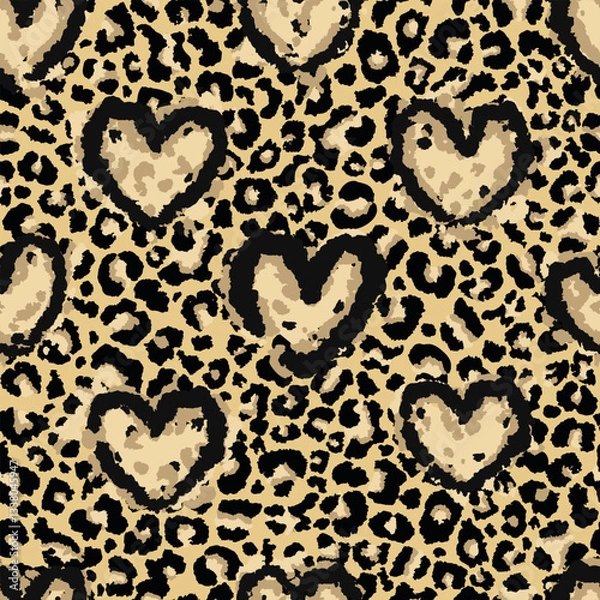 Obraz Leopard vector pattern with hearts. Seamless spotted animal skin texture. Natural fashion background for fabric and wild decor. Scattered spots in leopard style with spotted hearts.