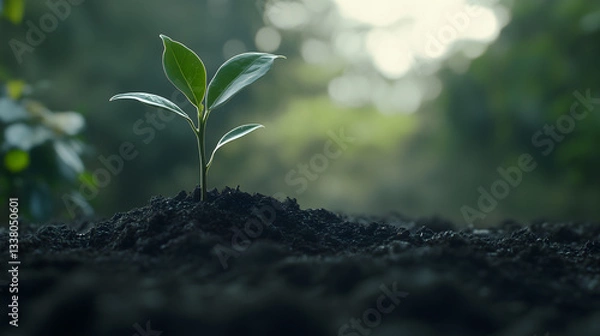 Fototapeta 
The seedling are growing in the black soil. in the rain forest. Planting trees to reduce global warming. blurred,soft focus