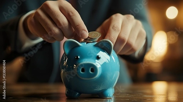 Obraz A professional man in a suit deposits coins into a blue piggy bank, representing budgeting, financial responsibility, and wealth management 