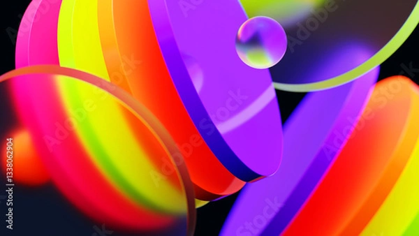 Fototapeta vibrant abstract artwork featuring floating translucent geometric shapes in neon purple, pink, yellow, and orange against a dark background, creating a futuristic and dynamic visual effect. 3D Render