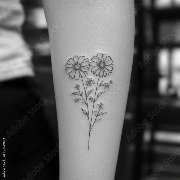 Fototapeta Delicate fineline daisy bouquet tattoo on forearm minimalistic design black line art artistic expression