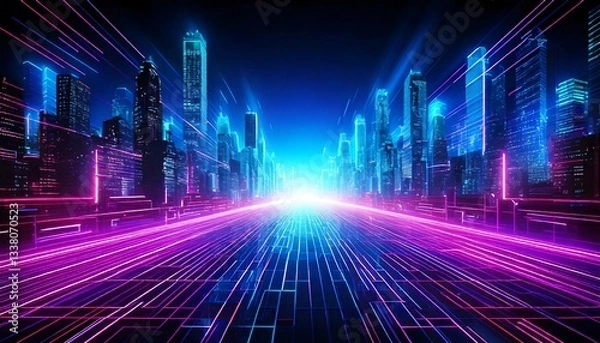 Fototapeta A futuristic digital abstract background featuring a glowing neon cyberpunk city grid