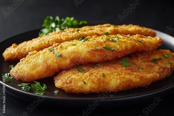 Obraz Delicious Crispy Breaded Fish Fillets on a Plate Garnish with Parsley