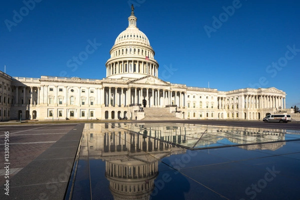 Fototapeta The United States Capitol as a symbol of democracy in Washington, DC. The Capitol building on Capitol Hill. US government. American flag adorns the dome of the historic Capitol. The Senate.