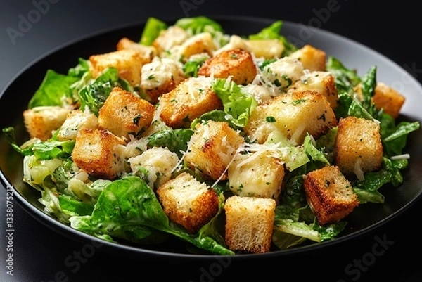 Fototapeta Delicious Caesar Salad with Crispy Croutons and Parmesan Cheese