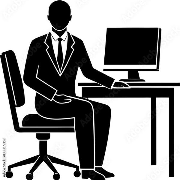 Fototapeta Silhouette of a man sitting at a computer desk, dressed in a suit and tie, symbolizing professionalism and focus