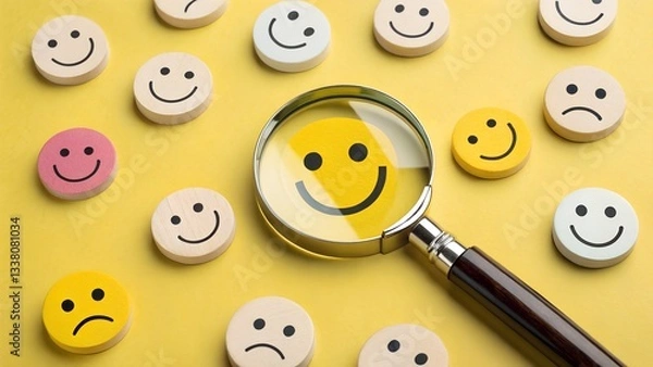 Fototapeta A bright yellow background is populated with various smiley face emojis, some showing happiness and others sadness