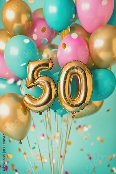Obraz Gold number 50 balloons with colorful party balloons, birthday celebration, festive decor, anniversary party decorations, joyful event, vibrant background, confetti.