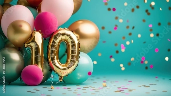 Fototapeta Gold number 10 balloon with colorful party balloons, confetti scattered on turquoise background, celebrating birthdays, anniversaries, festive occasions, milestones.