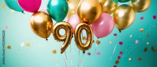 Fototapeta Festive 90th birthday celebration with gold balloons, colorful decorations, joyful atmosphere, party planning, milestone moment, family gathering, cheerful event.