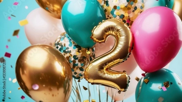 Obraz Colorful party balloons with gold number 2, birthday celebration, festive decorations, party supplies, childrens party, joyful moments, fun atmosphere, event planning.