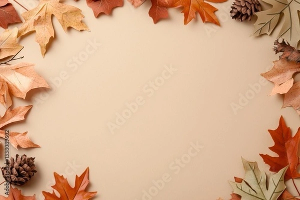 Fototapeta Autumnal Frame with Leaves and Pine Cones