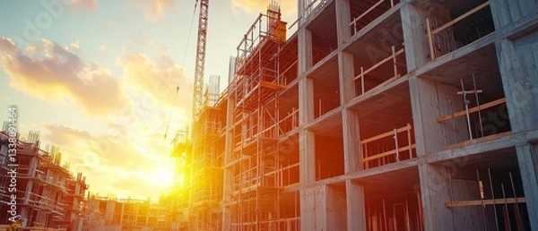 Obraz A construction site at sunset, featuring a building structure and cranes, highlighting the progress and energy of urban development.
