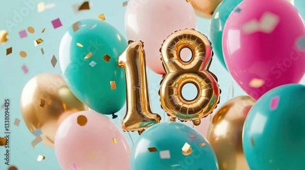 Obraz Colorful balloons with golden number 18, confetti celebration for birthday party, festive decorations, vibrant atmosphere, joyful moments, milestone celebration.