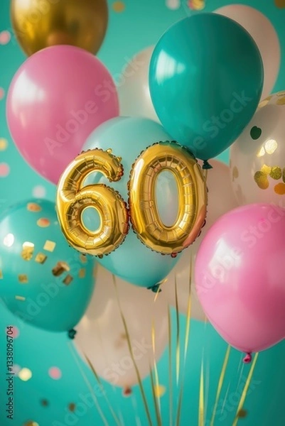 Obraz Colorful balloons with gold 60 sign, festive birthday celebration, party decorations, milestone achievement, vibrant background, joyful atmosphere, party planning.