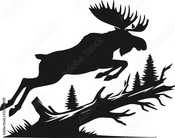 Obraz moose gracefully leaping over a fallen tree silhouette vector